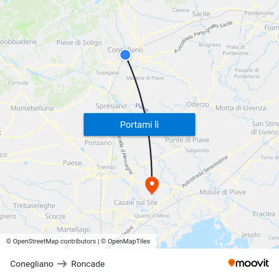 Conegliano to Roncade map