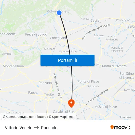 Vittorio Veneto to Roncade map