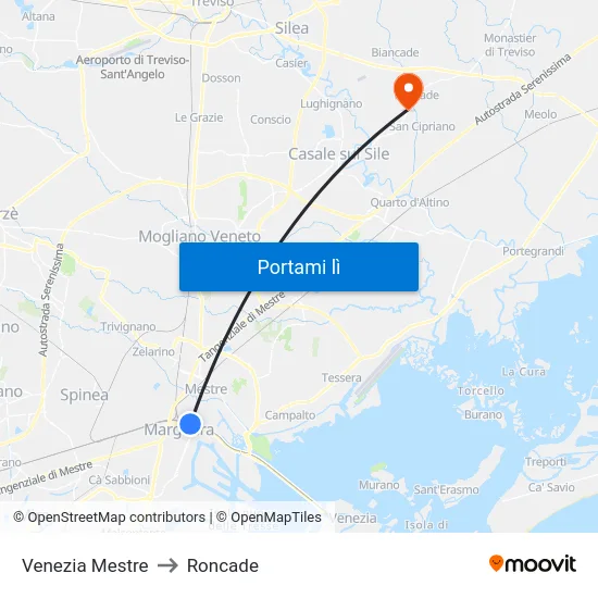 Venezia Mestre to Roncade map