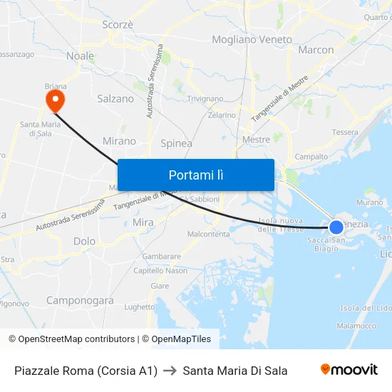 Piazzale Roma (Corsia A1) to Santa Maria Di Sala map