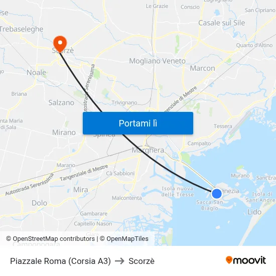 Piazzale Roma (Corsia A3) to Scorzè map