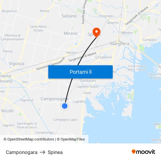Camponogara to Spinea map