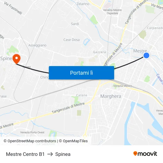 Mestre Centro B1 to Spinea map