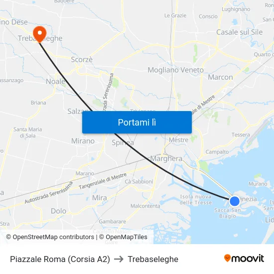 Piazzale Roma (Corsia A2) to Trebaseleghe map