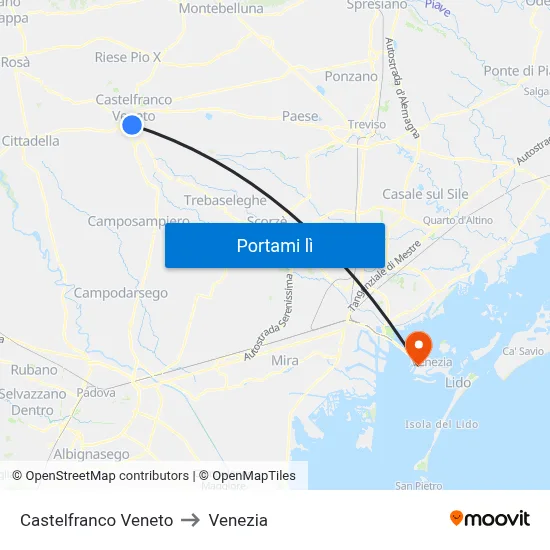 Castelfranco Veneto to Venezia map