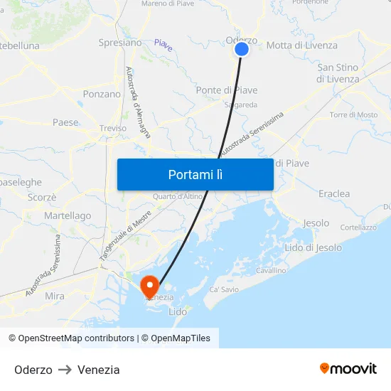 Oderzo to Venezia map