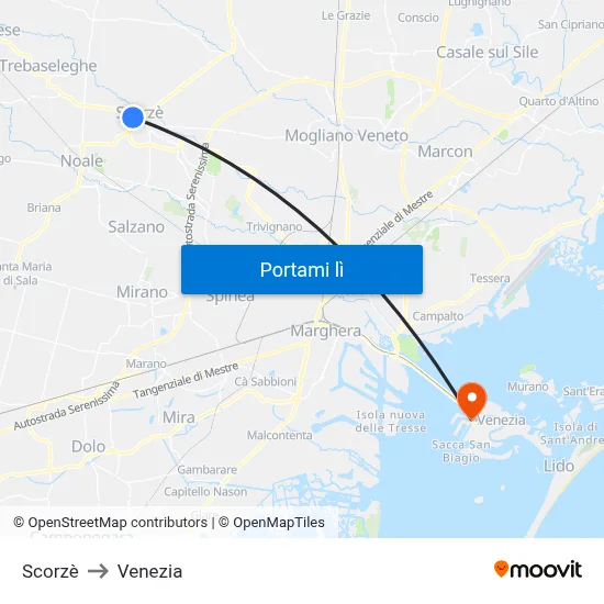 Scorzè to Venezia map