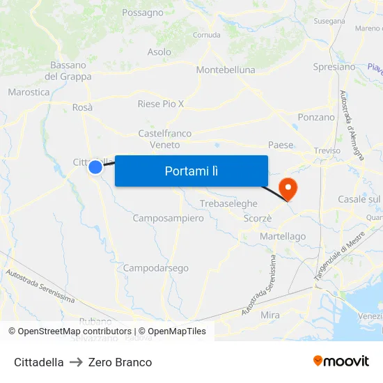 Cittadella to Zero Branco map