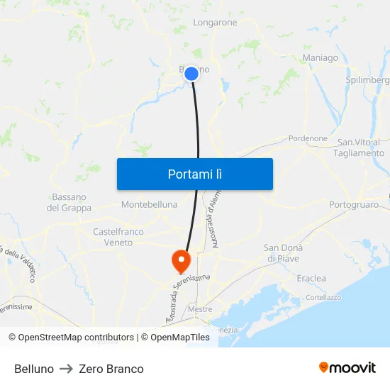Belluno to Zero Branco map