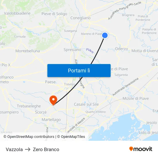 Vazzola to Zero Branco map