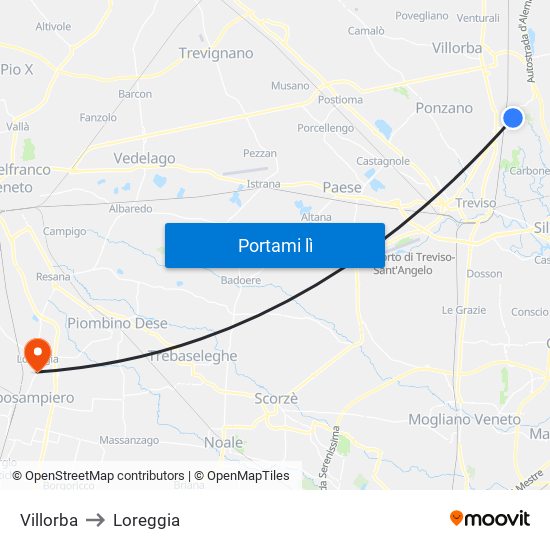 Villorba to Loreggia map