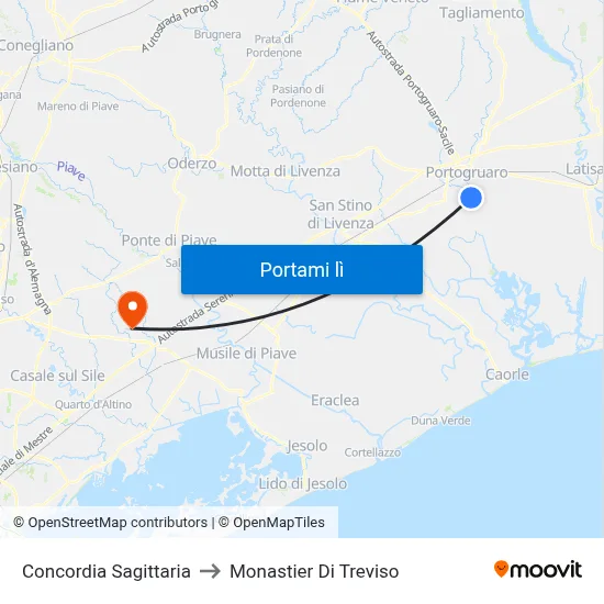Concordia Sagittaria to Monastier Di Treviso map