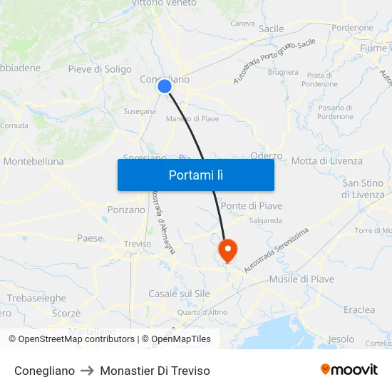 Conegliano to Monastier Di Treviso map