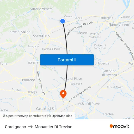 Cordignano to Monastier Di Treviso map