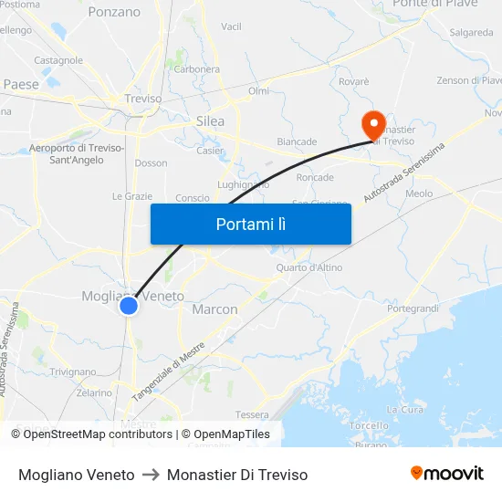 Mogliano Veneto to Monastier Di Treviso map