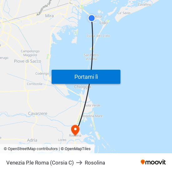 Venezia P.le Roma (Corsia C) to Rosolina map