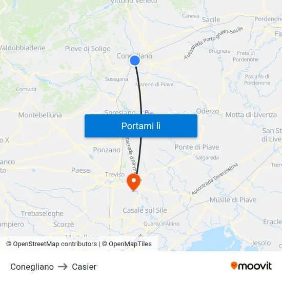 Conegliano to Casier map