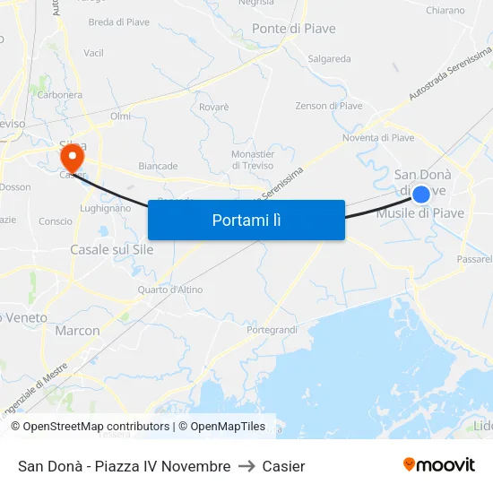 San Donà - Piazza IV Novembre to Casier map