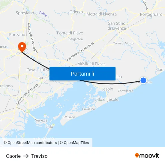 Caorle to Treviso map