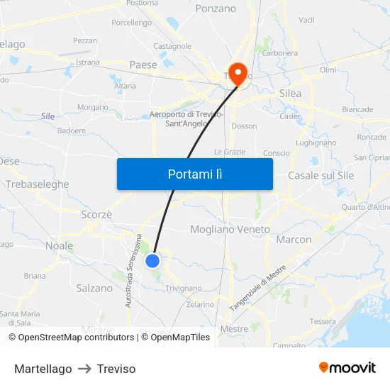 Martellago to Treviso map