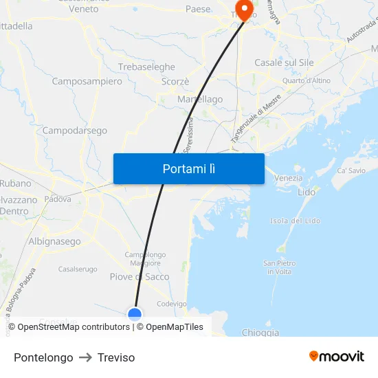 Pontelongo to Treviso map