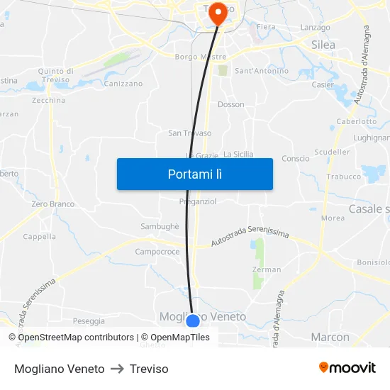 Mogliano Veneto to Treviso map