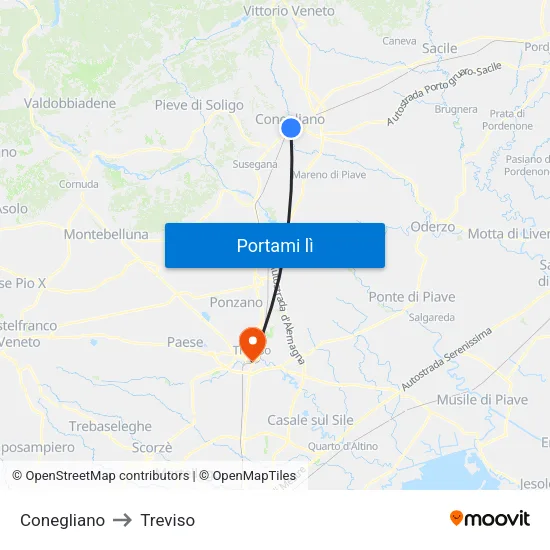 Conegliano to Treviso map