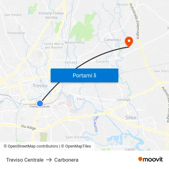 Treviso Centrale to Carbonera map