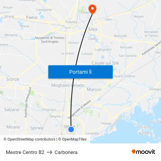 Mestre Centro B2 to Carbonera map