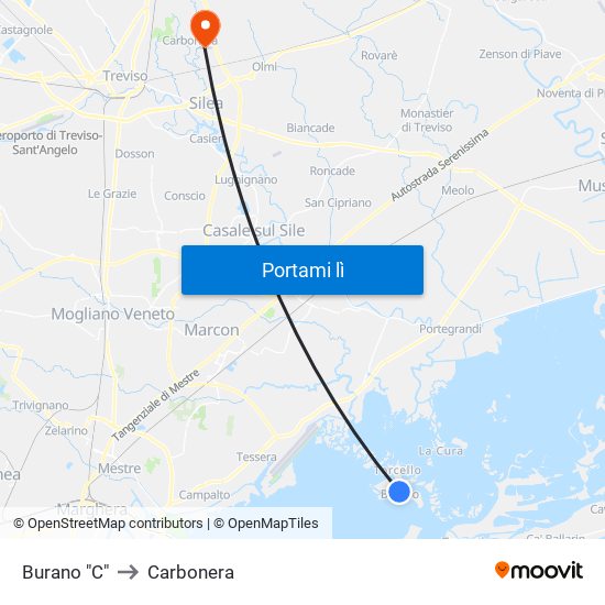 Burano "C" to Carbonera map