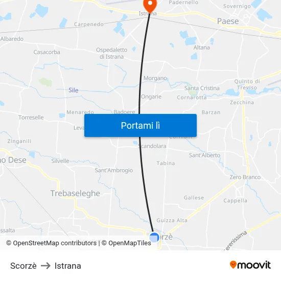 Scorzè to Istrana map