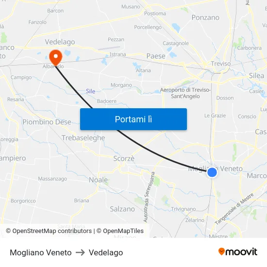Mogliano Veneto to Vedelago map