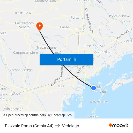 Piazzale Roma (Corsia A4) to Vedelago map