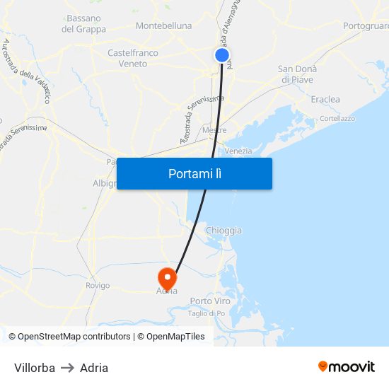 Villorba to Adria map