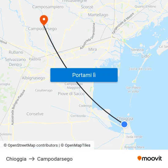 Chioggia to Campodarsego map