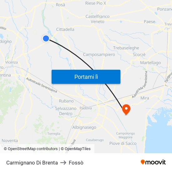 Carmignano Di Brenta to Fossò map