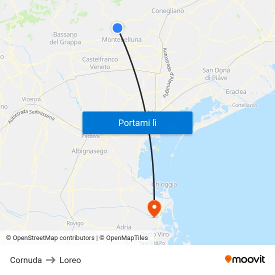Cornuda to Loreo map