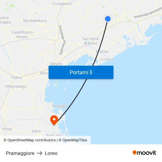 Pramaggiore to Loreo map