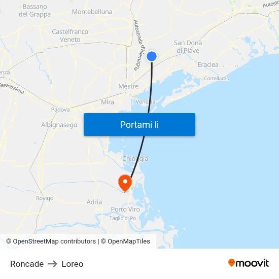 Roncade to Loreo map