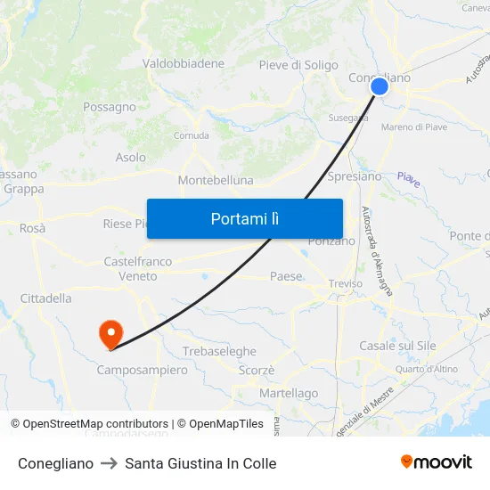 Conegliano to Santa Giustina In Colle map