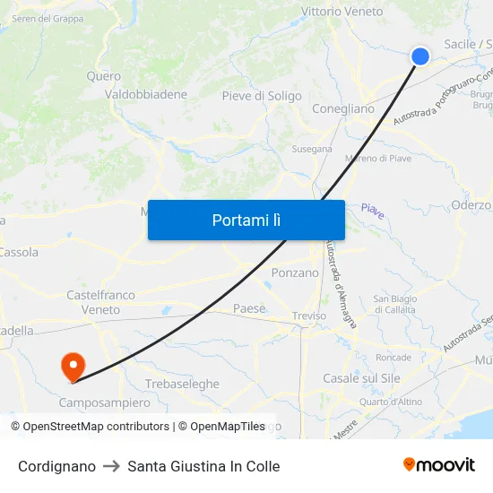Cordignano to Santa Giustina In Colle map