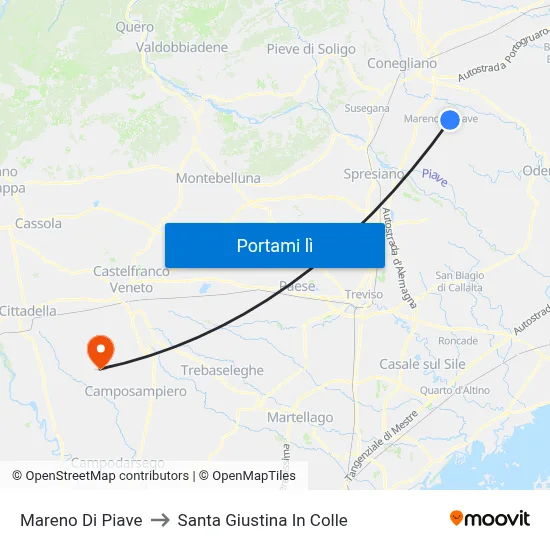 Mareno Di Piave to Santa Giustina In Colle map