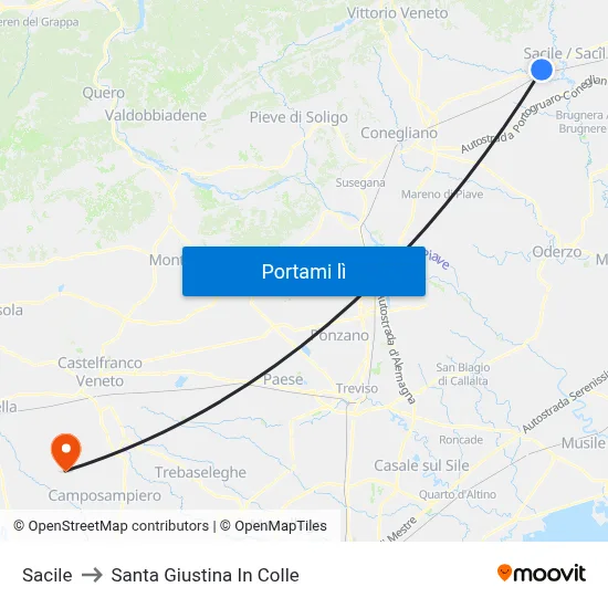 Sacile to Santa Giustina In Colle map