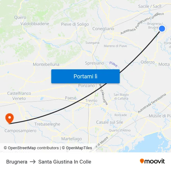 Brugnera to Santa Giustina In Colle map