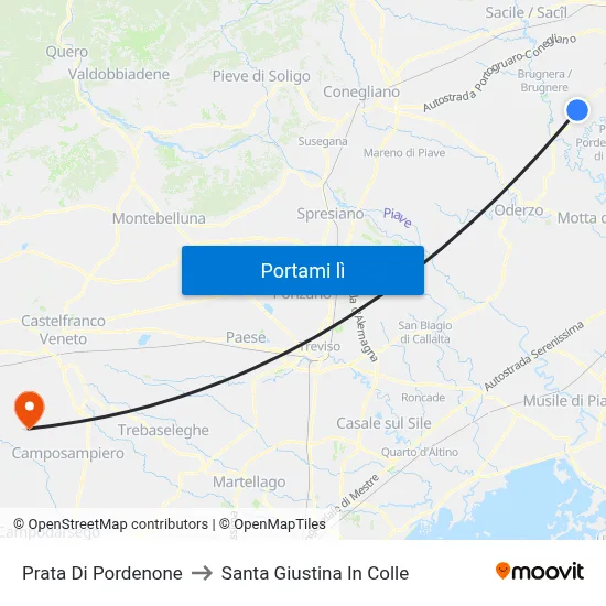 Prata Di Pordenone to Santa Giustina In Colle map