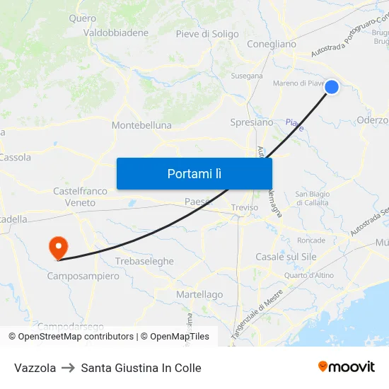 Vazzola to Santa Giustina In Colle map