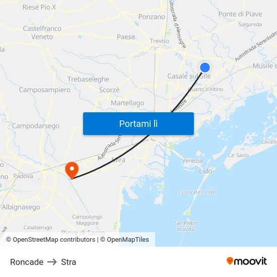 Roncade to Stra map