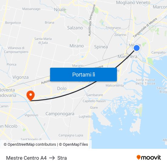 Mestre Centro A4 to Stra map