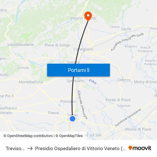 Treviso Centrale to Presidio Ospedaliero di Vittorio Veneto (Presidio Osped. di Vittorio Veneto) map