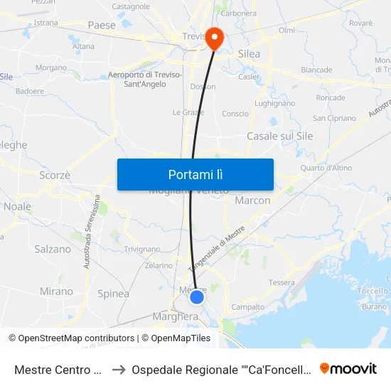 Mestre Centro B2 to Ospedale Regionale ""Ca'Foncello"" map